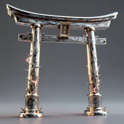 3 d render of a torii gate sculpture, chrometype, liquid metal, neotribal with thorns, japanese temple, raytraced, volumetric lightning, 8 k, by zheling xu, wlop, ouchh and and innate studio