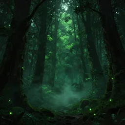 epic dark lush green forest, dark night, glowing particles, volumetric fog, by Stanley Artgerm Lau, WLOP, trending on ArtStation, CGSociety, concept art, cgsociety, octane render, trending on artstation, artstationHD, artstationHQ, unreal engine, 8k