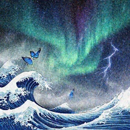 acid design style, ukiyo - e, waves of space lightning butterfly, aurora, galaxy, mist, gradient color