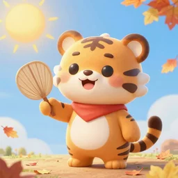 a highly detailed cartoon cute tiger flapping a fan under scorching sun, autumn leaves on the ground, concise lines, ultradetailed environment, sharp focus, cinematic lighting, by alphonse maria mucha and kim jung gi