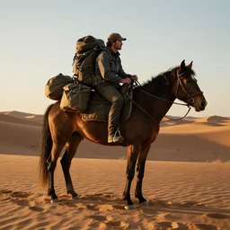 man backpacking horse in desert, volumetric lighting, beautiful, golden hour, sharp focus, ultra detailed, cgsociety by leesha hannigan, ross tran, thierry doizon, kai carpenter, ignacio fernandez rios, noir photorealism, film