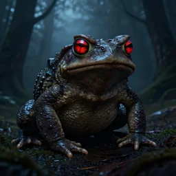 giant evil monsterous slimy toad in the dark forest, glowing red eyes, slimy toads, dark night, midnight, foggy, atmospheric, highly detailed, hyperrealistic, gothic horror, trending on artstation, digital art, dark fantasy