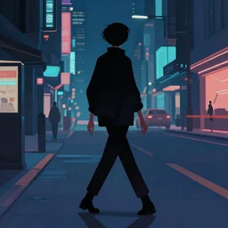 a person walking down a street at night, cyberpunk art by liam wong, instagram contest winner, retrofuturism, retrowave, anime aesthetic, nightscape