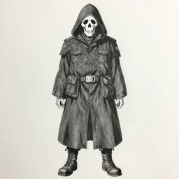 A anime still of a grim reaper by Takeshi Obata, skeleton face symmetrical face,symmetrical body, worn clothes, military boots, pencil art on paper