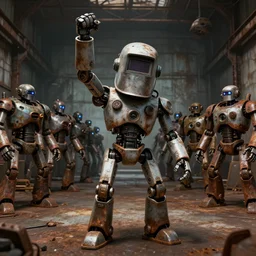a realistic crazy robot wearing a welding helmet, welding helmet head, one fist raised high in triumph, raised fist, standing in front of an army of robots inside a huge rusty dingy warehouse, army of robots, raygun gothic, atomic punk, digital art, detailed render