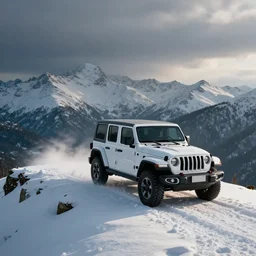 white jeep wrangler driving up snow covered mountain ridge, dreamy atmosphere, dramatic lighting, cinematic, photo realism