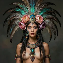 medium body shot portrait photo of female magical aztec warrior wearing a crown of long magical quetzal feathers and peony flowers as a cyberpunk cyborg goddess - realistic and detailed, by aaron de leon, sandro boticelli, studio ghibli and alphonse mucha, hdr 8 k