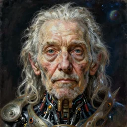 a beautiful painting of a portrait of organic old cyborg by other planet, front close - up, maximalist, octane render, micro details, by peter mohrbacher, zaha hadi