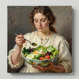 extremely detailed professional photo, studio lighting, woman with bowl of salad, oil painting by rembrandt, oil painting by rembrandt, oil painting by rembrandt