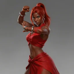 Full body Picture of a Battle Dancer, arab inspired, wearing two metallic rings, dark brown skin, light red hair, waist reaching ponytail, sensual, fanservice, crimson attire, exposed midriff, battle, detailed face features, dark green eyes, D&D, by artgerm and Craig Mullins, James Jean, Andrey Ryabovichev, Mark Simonetti and Peter Morbacher, matte painting, trending on artstation, artstationHD, artstationHQ, octane, full HD, 16K, no extra limbs