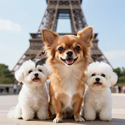 a photorealistic closeup image of a cute brown colored long haired chihuahua cocker spaniel dog with a happy white bichon frise dog in paris sitting outside the eiffel tower. brightly lit. extreme detail. 4 k hd unreal engine