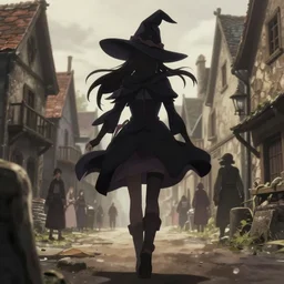 key anime visual portrait of a young female witch walking through a busy medieval village, dynamic pose, dynamic perspective, cinematic, dramatic lighting, detailed silhouette, anime proportions