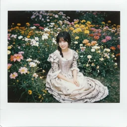girl in 19th centuries dress sitting in flowers, polaroid