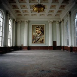 60s movie still of a empty sovietic museum stalinist style, cinestill 800t 10mm eastmancolor, liminal Space style, heavy grain, heavy artifact, high quality, high details, panoramic, cinematic light
