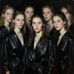 hyperrealism mixed with classicism, oil painting, close - up portrait of group, fashion model, fully clothes in black reflect robe, complete darkness, in style of classicism mixed with 8 0 s sci - fi hyperrealism