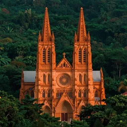 A massive cathedral in a forrest, clean background, Bright orange dark green intense black, Roger Dean, Joe Fenton, John Jude Palencar, Baraka, DLSR, octane render, 8k, cinematic lighting, symmetry