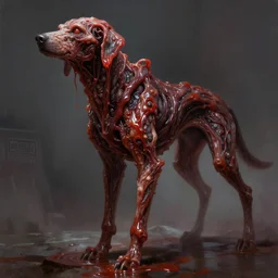 scifi art by Greg Rutkowski, hideous monster made of twisted human flesh and reddish ooze in the shape of a dog with an elongated snout, a slender body, and elongated limbs, vicious appearance, scifi, space horror, digital painting, artstation, concept art, smooth, sharp foccus ilustration, Artstation HQ.