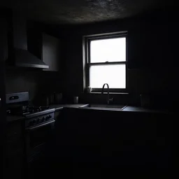 fill light, ambient occlusion, black black black dark dark dark, underexposed photography, dark underground kitchen, windowless
