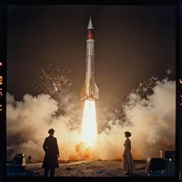 kodak portra 4 0 0, wetplate, muted colors, blueberry, 1 9 1 0 s style, motion blur, photo of a launching rocket, backdrop, explosions, sparkling, by georges melies and by britt marling