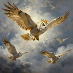''cinematic shot'' of owl king with golden crown and golden claws flying with his fellow owls in the clouds rain made by ivan aivazovsky, peter mohrbacher, greg rutkowski volumetric light effect broad light oil painting painting fantasy art style sci - fi art style realism premium prints available artwork unreal engine