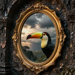elegant oval mirror and toucan with reflection, cinematic, filmic, wildlife photography, ray tracing reflections, insanely detailed and intricate, hypermaximalist, elegant, ornate, hyper realistic, super detailed, golden hour, stormy weather, ominous, dark stone wet walls of a dungeon