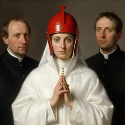 portrait of a priestess, wearing all - white clothes, and a red helmet, by donato giancola and berthold woltze.