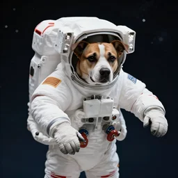 photo of dog as an astronaut doing a space walk, highly detailed. hyperrealism