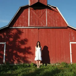 a young woman in the shadow! of a red barn!. black hair, white! dress, sharp focus, wide angle, by wlop, trending on artstation