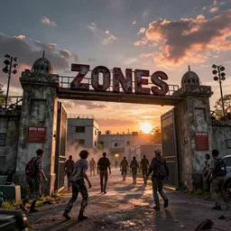 zombies over run the gates outside a compund hyper realism, cinematic, volumetric lighting, dramatic ambient lighting, epic composition, high detail, octane render, unreal engine, 8 k, depth of field, concept art, 3 d render, digital art, deviantart artstation, ray tracing, very sharp, sunset,