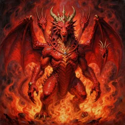 a crowned 7-headed, 10-horned great fiery red beast ((dragon)), detailed, intricate, matte painting by Mariusz Lewandowski, Giger and Jacek Yerka