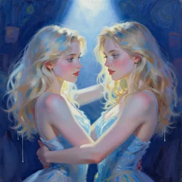 portrait of two beautiful girls dancing, night club, intimate, pastel blue colors, beautiful face, rule of thirds, spotlight, drips of paint, expressive, passionate, by greg rutkowski, by jeremy mann, by francoise nielly, by van gogh, digital painting