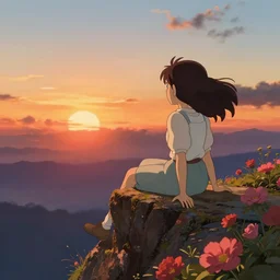a girl sitting over the precipice, looking at sunset, studio ghibli, pixar and disney animation, sharp, rendered in unreal engine 5, anime key art by greg rutkowski, bloom, dramatic lighting
