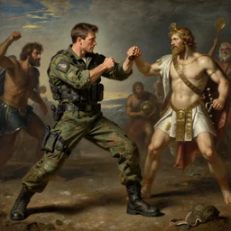 colin farrell as a special operations, hand to hand combat, in battle, covert military pants, military boots, greek mythology, oil reinassance painting by cornelis van poelenburgh and dosso dossi, ultra detailed, concept art, 8 k what