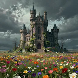 A very phantasmagoric and ominous tall castle stands in the middle of an plain covered with colorful flowers, digital art