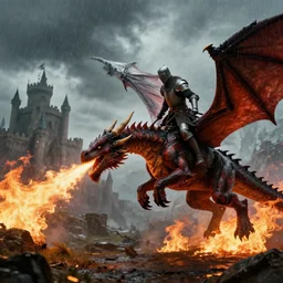a knight going to jump to get on a dragons back as the dragon breathes fire and inflames the ground beneath him, with castle in distance, stormy, raining, 4 k, hd, realistic
