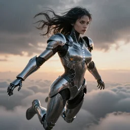 biblical diabolical beautiful female valkyree android, shiny plastic armor, jump, heavy eyes to the side, closeup, bright glowing veins, in clouds, rain, sunset, portrait, by gerald brom, by mikhail vrubel, by peter elson, muted colors, extreme detail, reflections, trending on artstation, 8 k