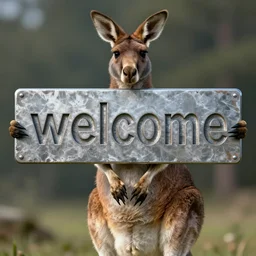 a kangaroo holding a sign made out of steel with the word ( welcome ) carved on it, digital art