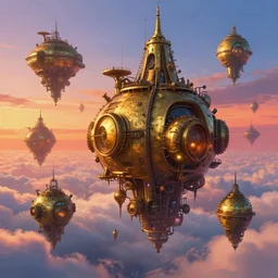 Giant steampunk brass habitats floating above the clouds at sunset, vibrant digital concept art painting by greg rutkowsky and Santeri Soininen, trending on artstation