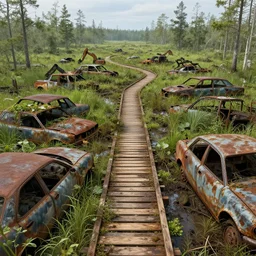 a muddy swamp littered with rusted submerged cars and vegetation covered construction equipment, wooden walkway winding through the middle, game art matte painting hyperdetailed, artstation, cgsociety, 8k, surreal dream landscape