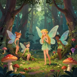 psychedelic fairies in an enchanted forest with mushrooms on the ground wide angle shot, white background, vector art, illustration by frank frazetta and salvador dali