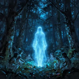 matte painting glowing figure in a clearing in forest at night. forest is lit by eerie blue glow. spook. spectre. haunted. scary. digital painting. digital render. beeple. noah bradley. cyril roland. dan mumford. naomi okubo. trending on artstation.