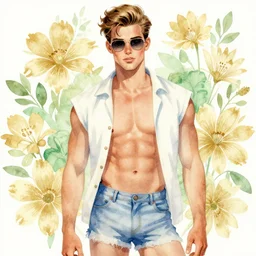 a retro watercolour of a suave playboy standing in front of a backdrop of gold and green flowers, artstation, art by delphin enjolras and john watkiss, smooth, sharp focus, dynamic lighting, ultrarealistic, cinematic, octane render, 8 k
