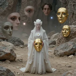 The full body shot of beautiful pale witch with a white flower and full-face golden mask in a rocky desert, multiple eyes by Denis Villeneuve, Lubezki, Gaspar Noe, Darren Aronofsky, Guillermo del Toro and Christopher Doyle, anamorphic lens, anamorphic lens flares, kodakchrome, cinematic composition, practical effects, award winning photo, 8k