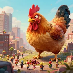 a massive angry chicken eating little people in a little city, kaiju, monster, digital art, hypperealism