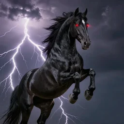 stunning artwork of a big black stallion horse with glowing red eyes standing on it's hind legs, lightnng storm in the background, glowing red eyes on the horse, artwork by ethan van sciver, dramatic lighting