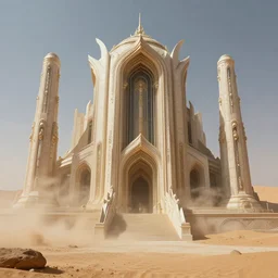 an anthropomorphic beautiful futuristic lost temple made of dust in a desert, fine art, award winning, intricate, elegant, sharp focus, octane render, hyperrealistic, cinematic lighting, highly detailed, digital painting, 8 k concept art, art by jamie hewlett and z. w. gu, masterpiece, trending on artstation, 8 k