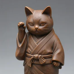 elegant anthropomorphic cat figurine wearing a kimono, hand carved brown resin, kimono toggles, very highly detailed, petite, minute details, intricate, monotone, shy looking down waving head turned