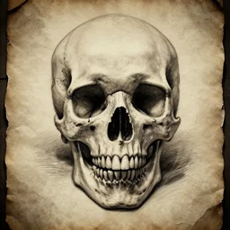 pencil sketch of a skull on old torn paper, dramatic lighting, ultra detail, creepy, book cover