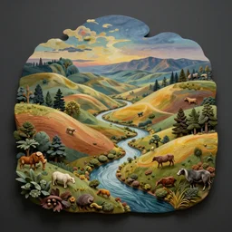 A beautiful kinetic sculpture of a landscape. It is a stylized and colorful view of an idyllic, dreamlike world with rolling hills, peaceful looking animals, and a flowing river. The scene looks like it could be from another planet, or perhaps a fairy tale.  by Caspar David Friedrich, by Charles Willson Peale lines