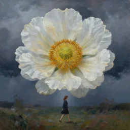 giant flower head, woman walking, surreal, stormy sky, dramatic lighting, impressionist painting, digital painting, artstation, rob gonsalves